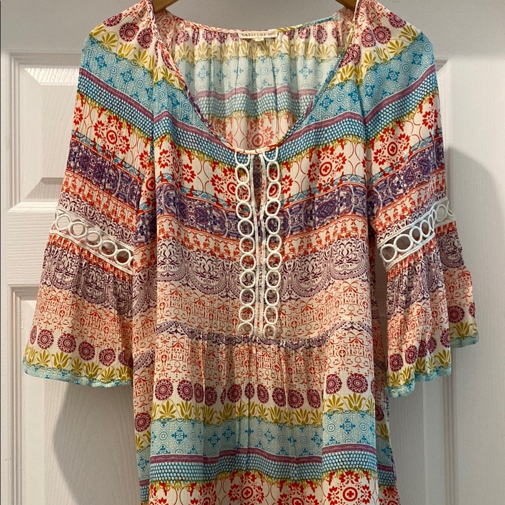Latitude Run Blue and Orange Bell Sleeve Graphic Blouse